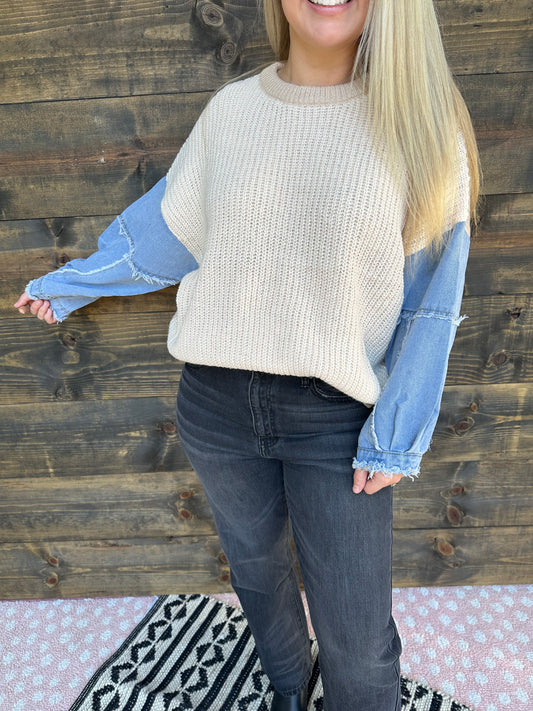 Denim Sleeve Knit Sweater